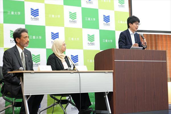 金子 聡 副学長（右）、ディナ オクタヴィア 講師（国際交流センター）（中央）、塚田 森生 生物資源学研究科長補佐・教授からの発表