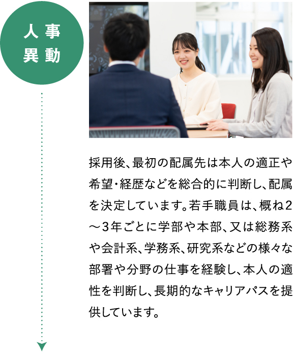 人事異動　採用後、最初の配属先は本人の適正や希望・経歴などを総合的に判断し、配属を決定しています。若手職員は、概ね２～３年ごとに学部や本部、又は総務系や会計系、学務系、研究系などの様々な部署や分野の仕事を経験し、本人の適性を判断し、長期的なキャリアパスを提供しています。