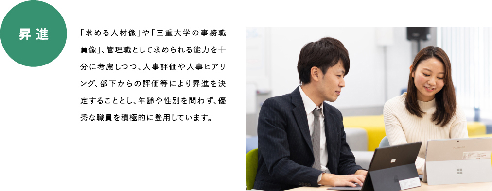 昇進　「求める人材像」や「三重大学の事務職員像」、管理職として求められる能力を十分に考慮しつつ、人事評価や人事ヒアリング、部下からの評価等により昇進を決定することとし、年齢や性別を問わず、優秀な職員を積極的に登用しています。