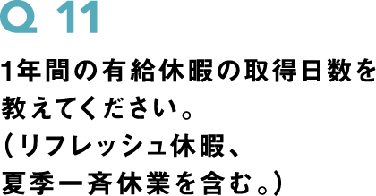 1年間の有給休暇の取得日数を教えてください。（リフレッシュ休暇、夏季一斉休業を含む。）
