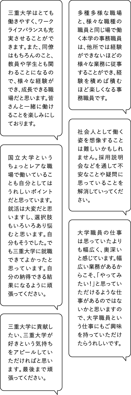 ●三重大学はとても働きやすく、ワークライフバランスも充実させることができます。また、同僚はもちろんのこと、教員や学生とも関わることになるので、様々な経験ができ、成長できる職場だと思います。皆さんと一緒に働けることを楽しみにしております。　●多種多様な職場と、様々な職種の職員と同じ場で働く本学の事務職員は、他所では経験ができないほどの様々な業務に従事することができ、経験を積めば積むほど楽しくなる事務職員です。　●国立大学というちょっとレアな職場で働いていることも自分としてはうれしいポイントだと思っています。就活は大変だと思いますし、選択肢もいろいろあり悩むと思います。自分もそうでした。でも三重大学に就職できてよかったと思っています。自分の納得できる結果になるように頑張ってください。　●社会人として働く姿を想像することは難しいかもしれません。採用説明会などを通して不安なことや疑問に思っていることを解消していってください。　●大学職員の仕事は思っていたよりも幅広く、奥深いと感じています。幅広い業務があるからこそ、「やってみたい！」と思っていただけるような仕事があるのではないかと思いますので、大学職員という仕事にもご興味を持っていただけたらうれしいです。　●三重大学に貢献したい、三重大学が好きという気持ちをアピールしていただければと思います。最後まで頑張ってください。