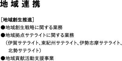 地域連携　［地域創生推進］●地域創生戦略に関する業務　●地域拠点サテライトに関する業務　（伊賀サテライト、東紀州サテライト、伊勢志摩サテライト、　  北勢サテライト）●地域貢献活動支援事業